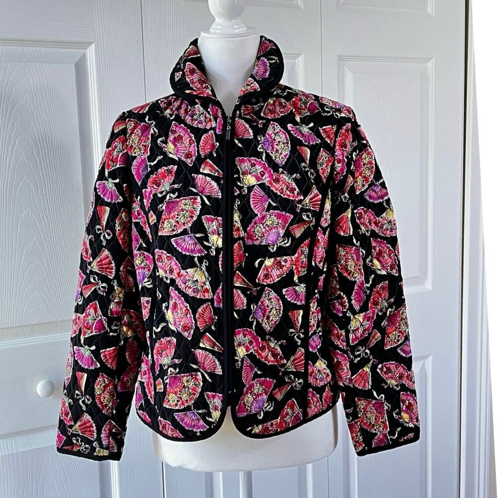 Vintage 90s RQT Petite PS Quilted Jacket Folding Fan Print Black Pink Zip
